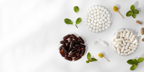 Various vitamins and dietary supplements in small medical plates. Medicine, medicines. Copy space