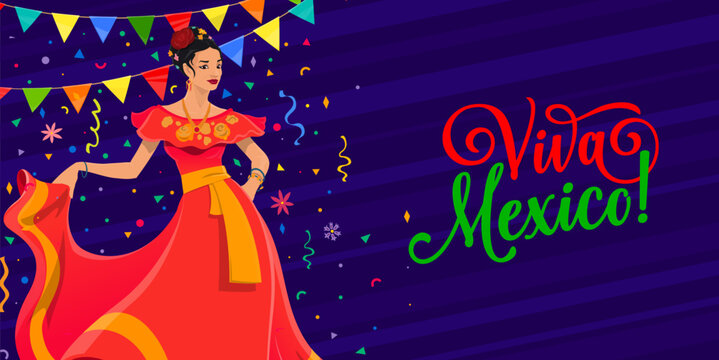Viva Mexico banner with dancing woman and holiday confetti. Vector greeting card for fiesta celebration with lively flamenco dance, honoring Mexican culture with joyous rhythms and the spirit of unity