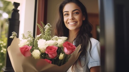 Happy smiling young woman holding big bouquet of flowers - Powered by Adobe