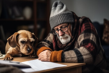 Elderly man in hat and warm clothes looking at high heating bills. Energy crisis. Low pensions and poverty - obrazy, fototapety, plakaty