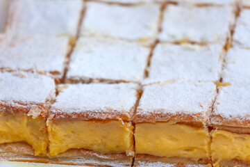 Close Up of Plate full of Traditional Homemade Vanilla Slice or Custard Slice but Commonly Known as Cremeschnitte a Desert Well Known in Austria-Hungary and Balkans