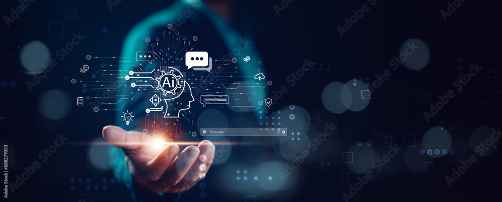 Poster ai tech, businessman show virtual graphic global internet connect chat with ai, artificial intellige