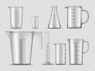 Measure glass cups and containers, laboratory beakers and chemistry flasks, realistic vector. Lab equipment and test glassware, isolated chemical tubes and measuring cylinders and vial cups - obrazy, fototapety, plakaty