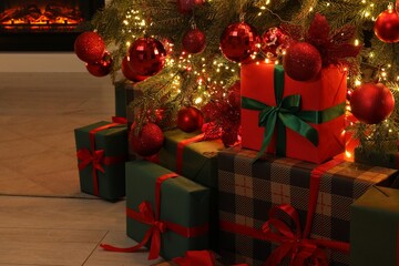 Many gift boxes under decorated Christmas tree indoors