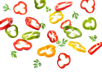 Fresh parsley and slices of bell pepper flying on white background