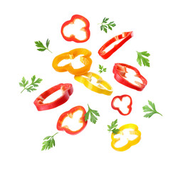 Fresh parsley and slices of bell pepper flying on white background