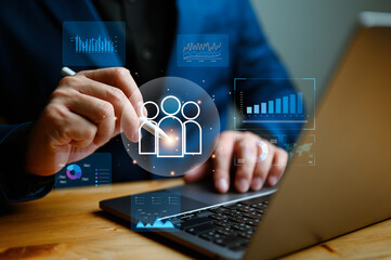 Customer Relationship Management, Businessman use laptop with global structure customer network technology, Data analyst development. customer service, social media. digital marketing online.