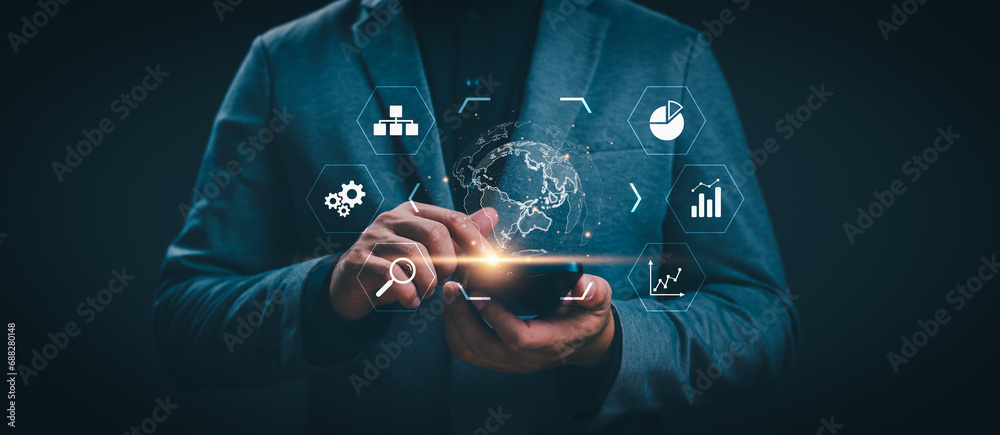 Aufkleber big data and analytics visualization technology with scientist analyzing information structure on vi