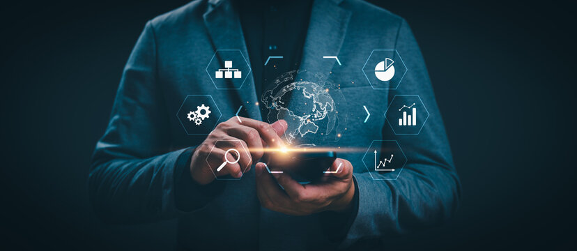 Big data and analytics visualization technology with scientist analyzing information structure on virtual screen, machine learning to extract predictions for business, finance, internet of things, iot