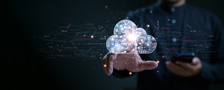 Businessman touching on cloud computing icon, data diagram show on virtual screen. Cloud technology. Data storage. Networking and internet service concept. IOT, information system, data analyst