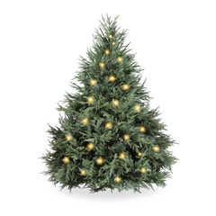 Christmas tree decorated and festive lights isolated on white