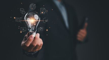 Hand holding Light bulb Global Internet connection. Business global internet connection application technology and digital marketing, Financial and banking, Digital link tech, big data.