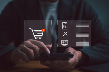 Man or Shopper using smartphone with shopping cart and business icon, Online shopping and e-commerce technology internet concept, shopping service on the online web and offers home delivery.