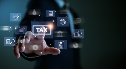 E-tax, Businessman show TAX for Individual income tax return form online for tax payment concept. Government, state taxes. Data analysis, paperwork, financial research, report. Calculation tax return.