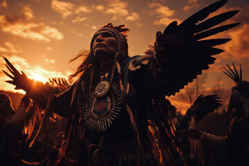 Native American dancers performing a ceremonial eagle dance at sunset.