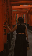 Captivating view of a beautiful hispanic woman in glasses, lost in the mesmerizing walk through the vibrant orange torii gates at fushimi, embodying the essence of traditional japanese culture.