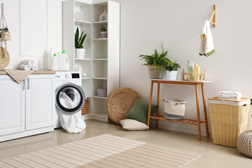 Interior of stylish laundry room with washing machine, houseplants and cleaning supplies