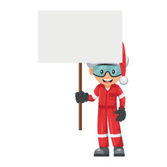Industrial mechanic worker with Santa Claus hat holding a banner with space for text for advertising, presentations, brochures. Merry christmas. Industrial safety and occupational health at work