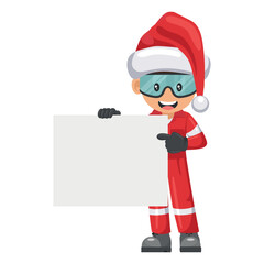 Industrial mechanic worker with Santa Claus hat holding a banner with space for text for advertising, presentations, brochures. Merry christmas. Industrial safety and occupational health at work