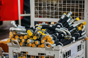 High pressure hydraulic hoses in warehouse