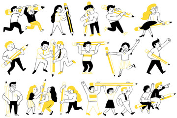 Cute character illustration doodle of various people holding big pencil. Outline, thin line art, hand drawn sketch design, simple style.