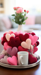 Obraz na płótnie Canvas A tray filled with plush heart-shaped pillows in various shades of pink creates a cozy, romantic vibe, complemented by a mug and fresh roses in the background. 