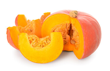 Cut fresh pumpkin on white background