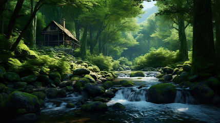 The beautiful hut Simple comfortable life deep in the forest, waterfall view, feeling calm, comfortable, relaxing.