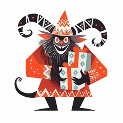 Krampus with present isolated on white background. Traditional Christmas devil. Character of European folklore. Saint Nicholas Day. Character for postcard, card, poster, banner