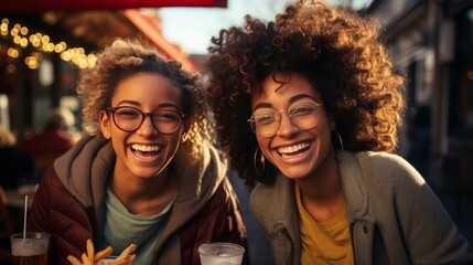 Two female friends are eating french fries on the street making funny faces.Generated AI. - obrazy, fototapety, plakaty