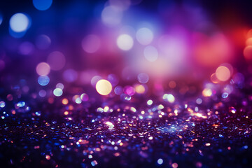 Enchanting Violet Glitter Bokeh: A Dark Celebration Event Background Illuminated with Blue Party Lights and Confetti Magic