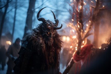 Artistic close-up of Krampus's face, focusing on his glowing eyes and gnarled horns, a blurred backdrop of winter night adds to the eerie legend