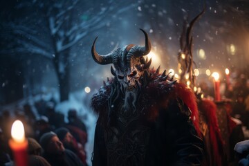 Artistic close-up of Krampus's face, focusing on his glowing eyes and gnarled horns, a blurred backdrop of winter night adds to the eerie legend - obrazy, fototapety, plakaty