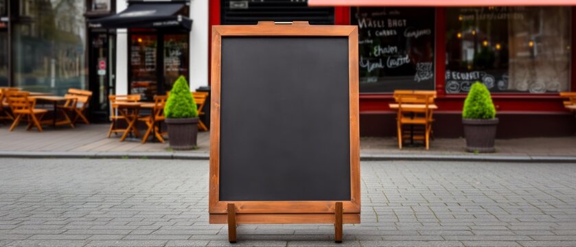 Empty sandwich board for a menu and a chalk drawing on street