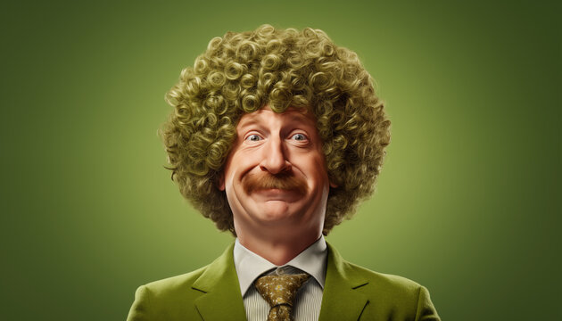 Broccoli Chic: A Stylish Nerd's Portrait, Featuring Curly Green Hair, a Contagious Smile, and a Playfully Funny Expression