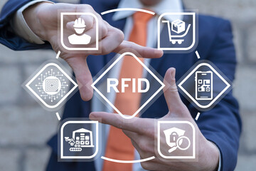 Businessman using virtual interface sees text: RFID. Radio Frequency Identification ( RFID )...