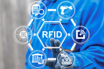 Warehouse worker using virtual touch screen presses abbreviation: RFID. Radio Frequency Identification ( RFID ) Business Industry Communication Shopping Digital Technology Concept. - obrazy, fototapety, plakaty
