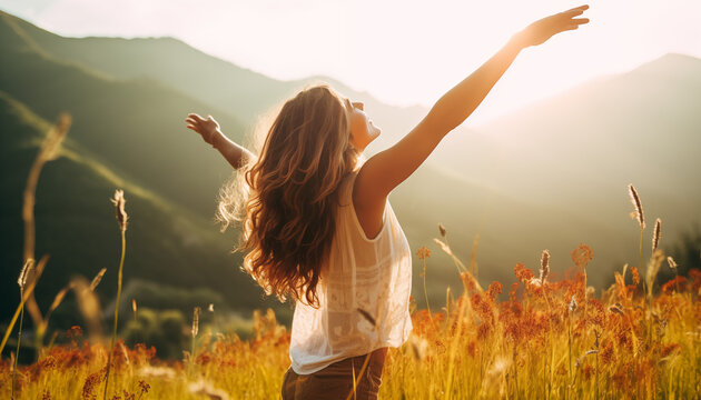 Embracing Serenity: A Woman Practicing Zen-Like Breathing Exercises in Nature for Optimal Wellbeing and Healthy Lifestyle