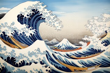 page coloring adult Kanagawa Wave Great Hokusai antique art artist artistic artwork colours colouring drawing edo famous foam fuji hobby illustration japan japanese mount - obrazy, fototapety, plakaty