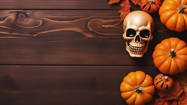A haunting display of autumn's bounty, as a carved calabaza sits alongside a skull on a rustic wooden surface, beckoning us to embrace the wild and mysterious energy of halloween