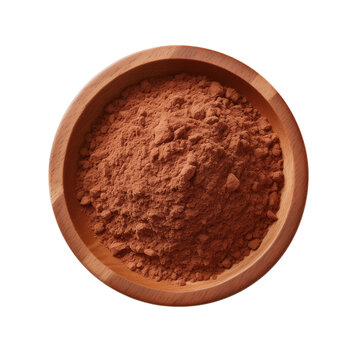 Cocoa powder in wooden bowl, top view, isolated on transparent background. Generative AI