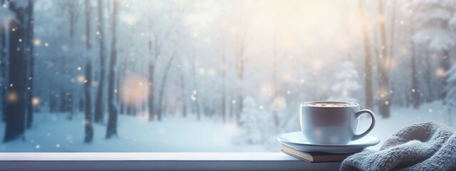 Cup of hot morning coffee or tea on vintage windowsill of cottage against snow landscape. Cozy winter background. Still life concept. Banner with copy space - obrazy, fototapety, plakaty