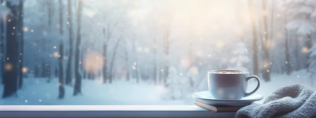  Cup of hot morning coffee or tea on vintage windowsill of cottage against snow landscape. Cozy winter background. Still life concept. Banner with copy space © ratatosk