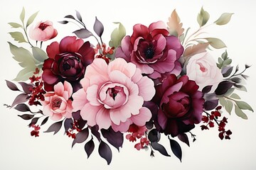 roses abstraction flowers branch card greeting wedding composition botanic buds leaf illustration floral burgundy watercolor artistic abstract design background bloom blossom - obrazy, fototapety, plakaty