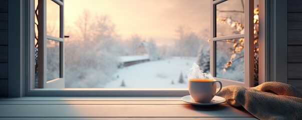 Cup of hot morning coffee or tea on vintage windowsill of cottage against snow landscape. Cozy winter background. Still life concept. Banner with copy space