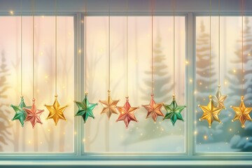 Colorful festive garland string with stars hanging in window with blurred city on background. Scandinavian decoration, string hanging lights. Hygge style. Atmospheric Christmas or New Year time