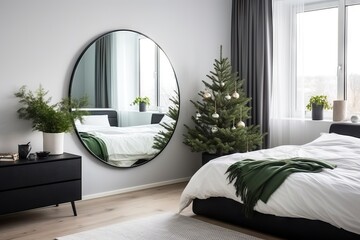 Cozy light room with big comfy bed decorated with garlands and fir trees for Christmas. New year mood. Bedroom interior design decorated for winter holiday season - obrazy, fototapety, plakaty