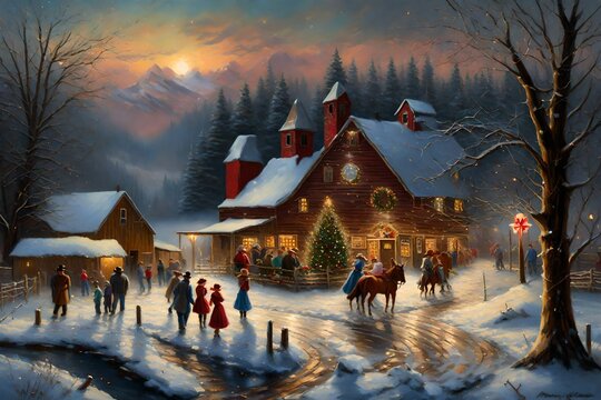 homas kinkade style painting of a 1939 christmas dance inside an old barn with wagons and horses outside