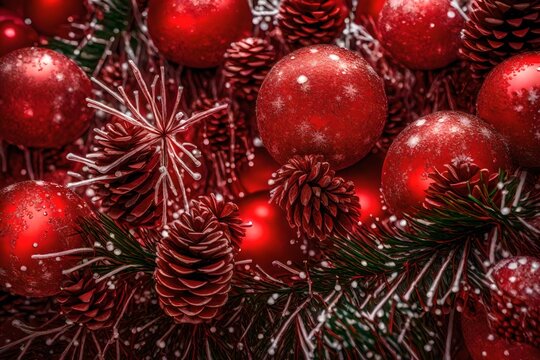 Microscopic image of Christmas tree red with icicles snowballs and pine cones and pine needles and ribbons 