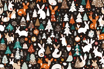 patched colours, white brown black ginger wild rabbits, squirels, baby raindeer, falling snow, christmas treeadd vibrant colors - obrazy, fototapety, plakaty